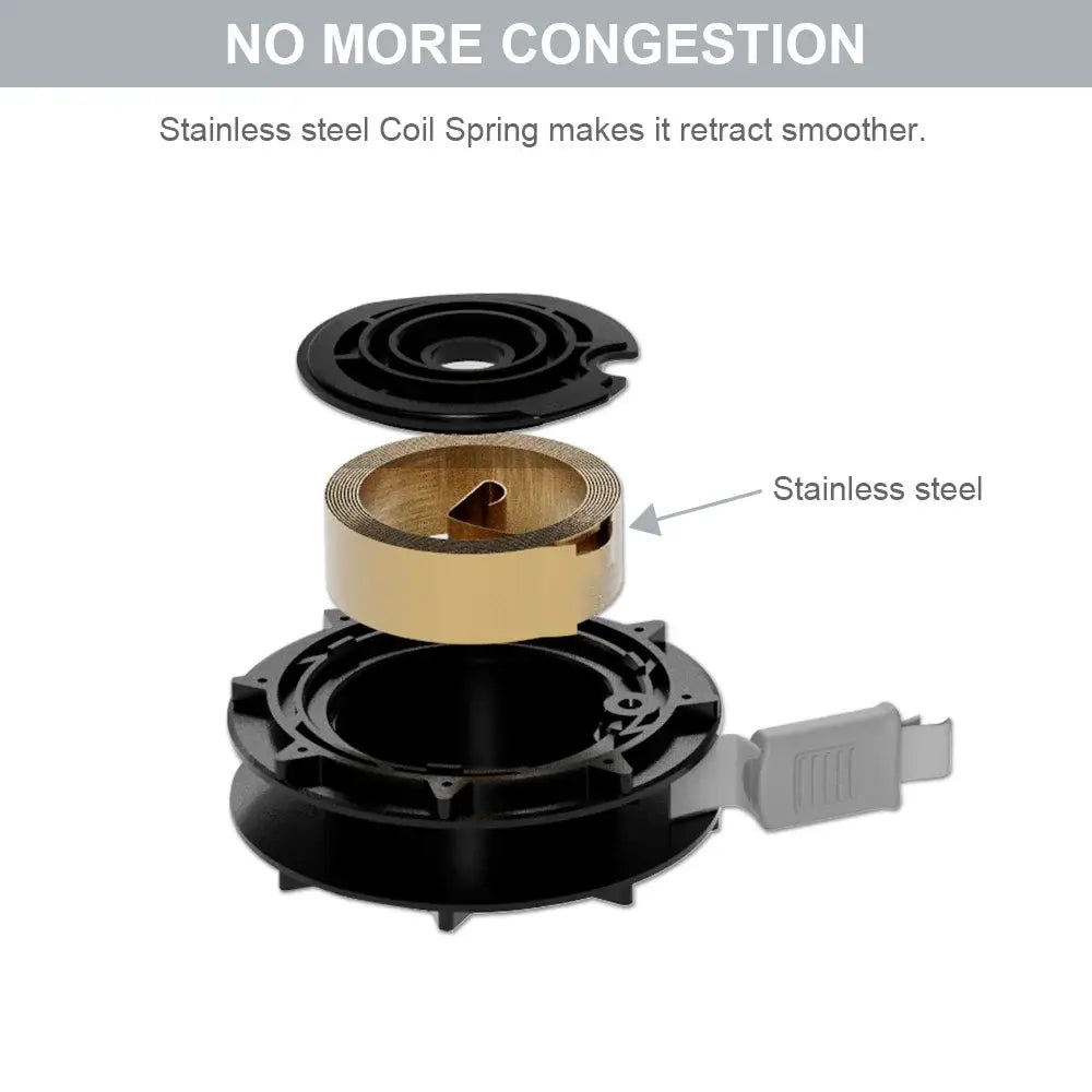 Disassembled mechanical component with coil spring, stainless steel parts, and a plastic base.