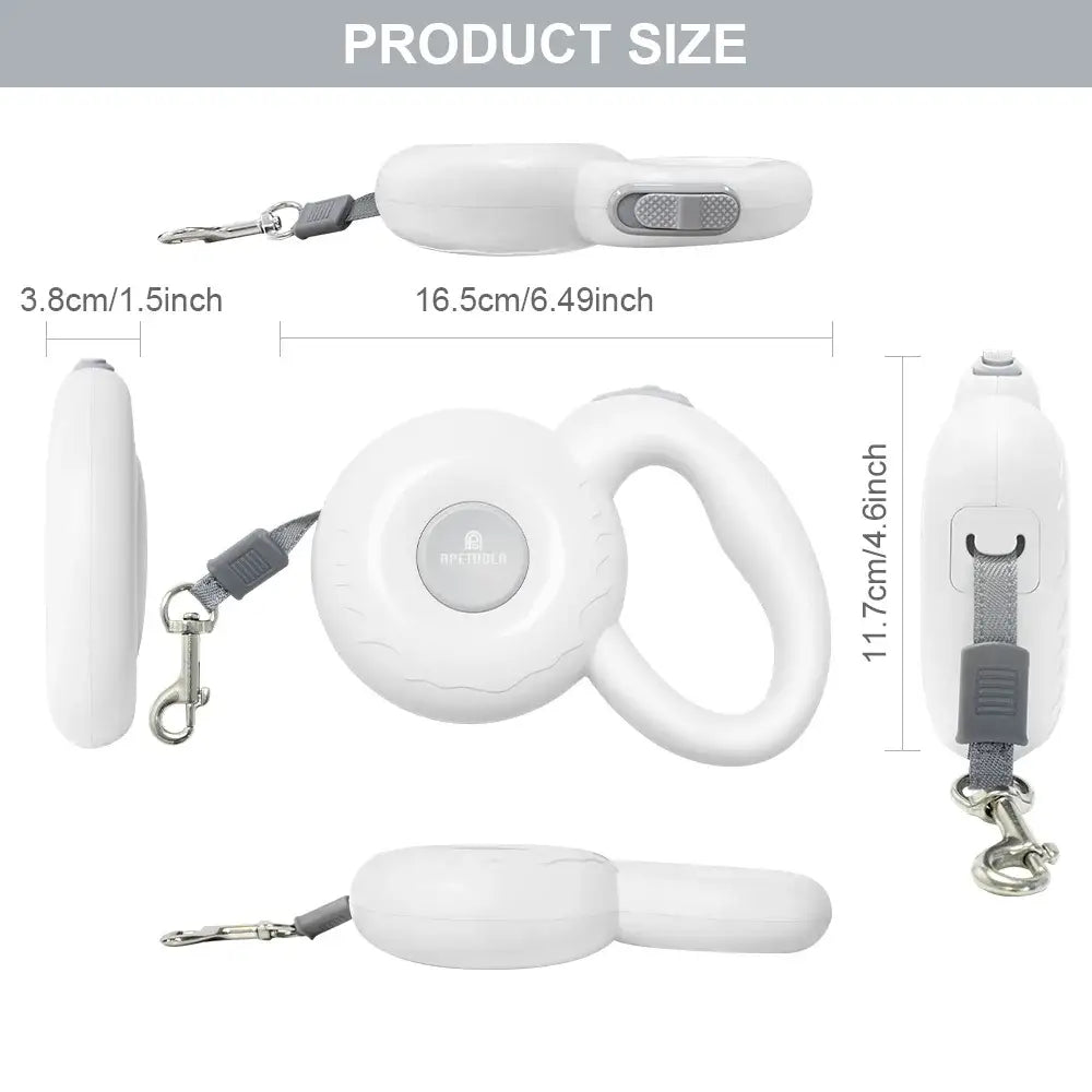 Retractable dog leash in white with measurements shown for different components.