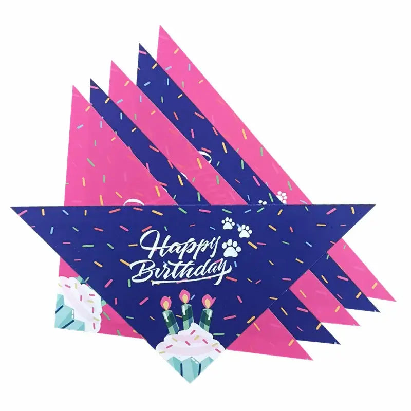 Birthday greeting card with geometric shapes and a cake illustration.