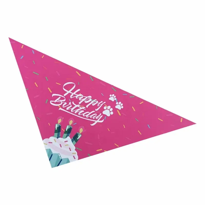 Pink triangular birthday bandana with ’Happy Birthday’ text and cake illustration.