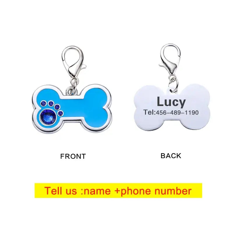 Dog tag with a blue bone shape on the front and customizable contact information on the back.