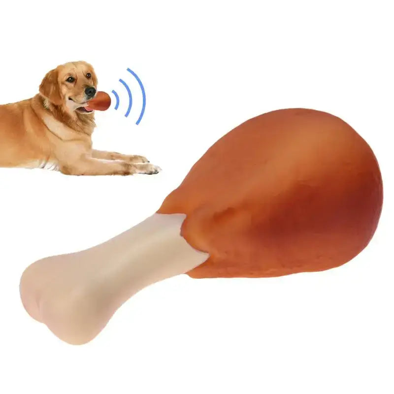 Rubber or plastic dog toy shaped like a chicken drumstick.