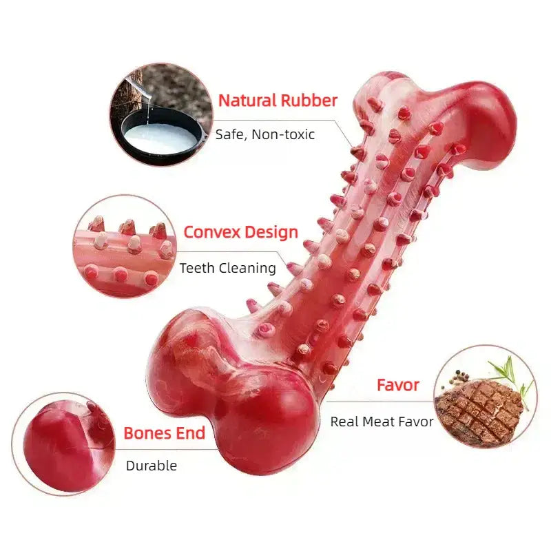 Red rubber dog chew toy shaped like a bone with textured nubs covering its surface.