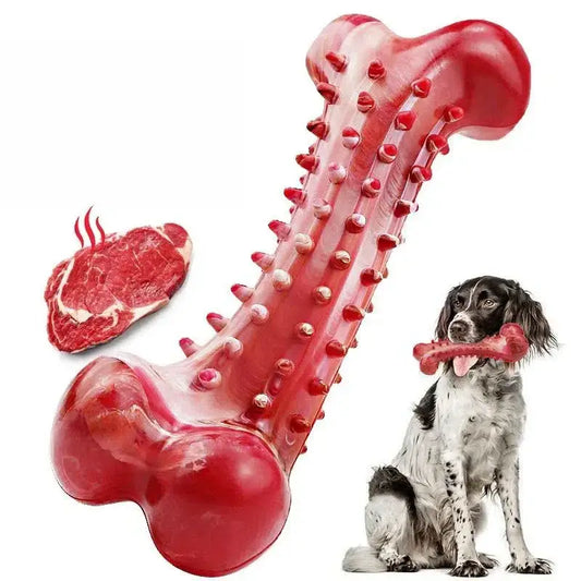 Red rubber dog chew toy shaped like a bone with textured nubs.