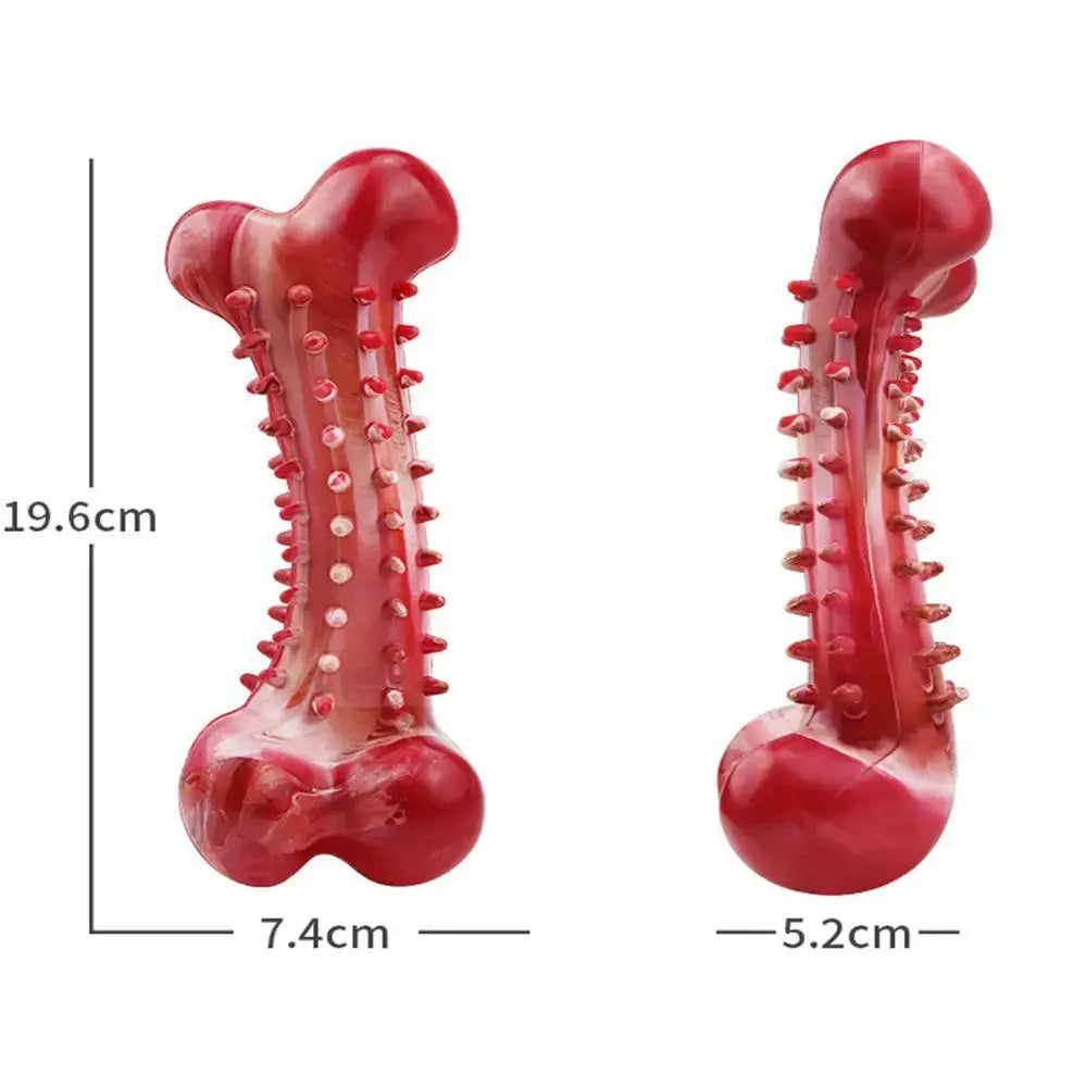 Red, textured silicone dog chew toy shaped like a bone.