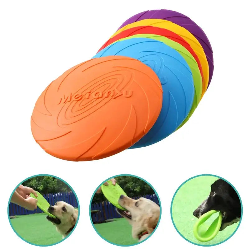 Colorful rubber flying discs for dogs to catch and play with.