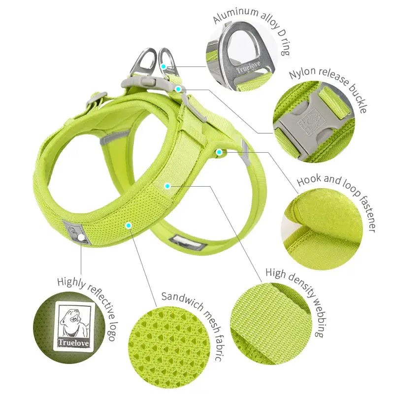 Bright green dog harness with labeled features and components.