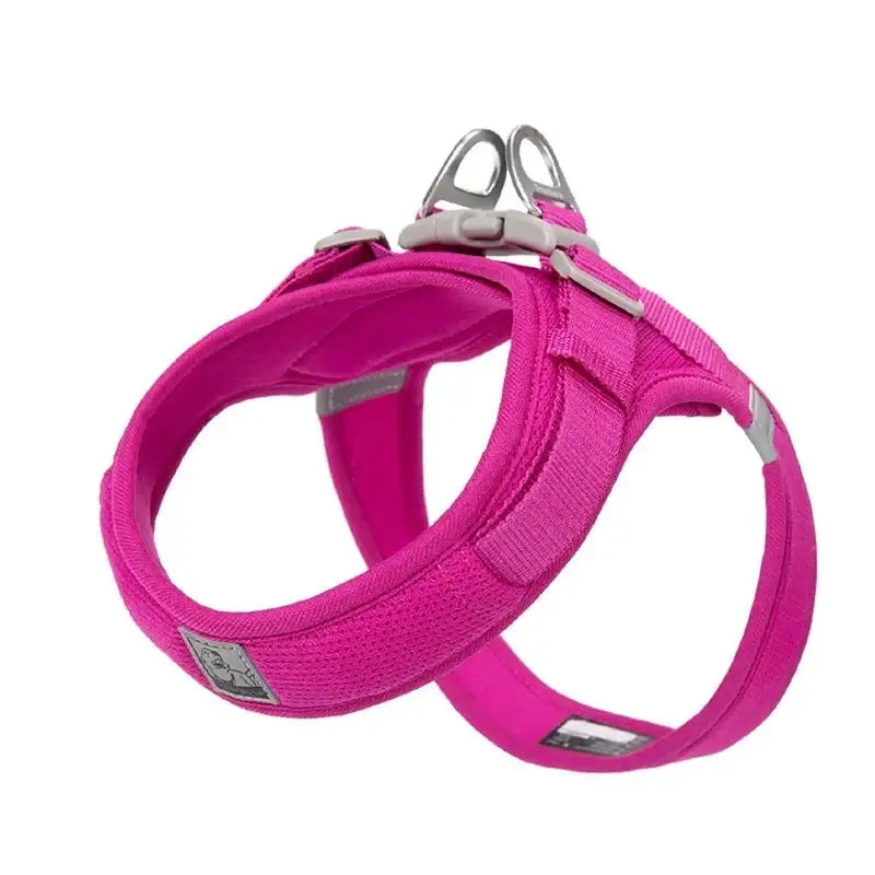 Bright pink dog harness with silver metal hardware.