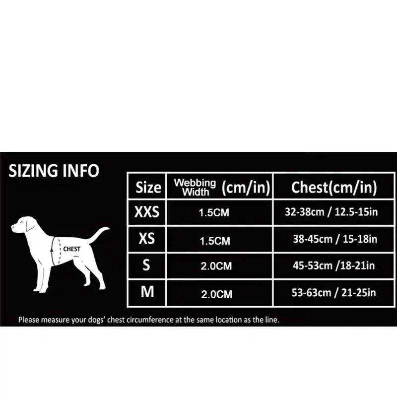 Sizing chart for dog harnesses or clothing showing measurements for different sizes.