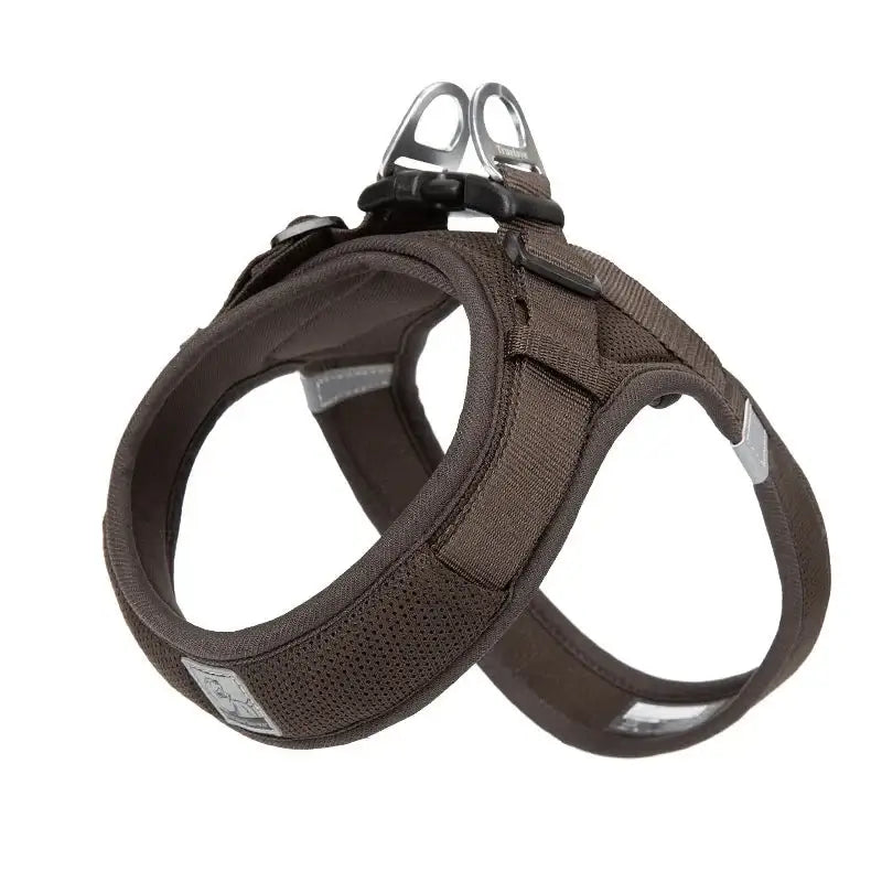 Dog harness with padded chest and adjustable straps.