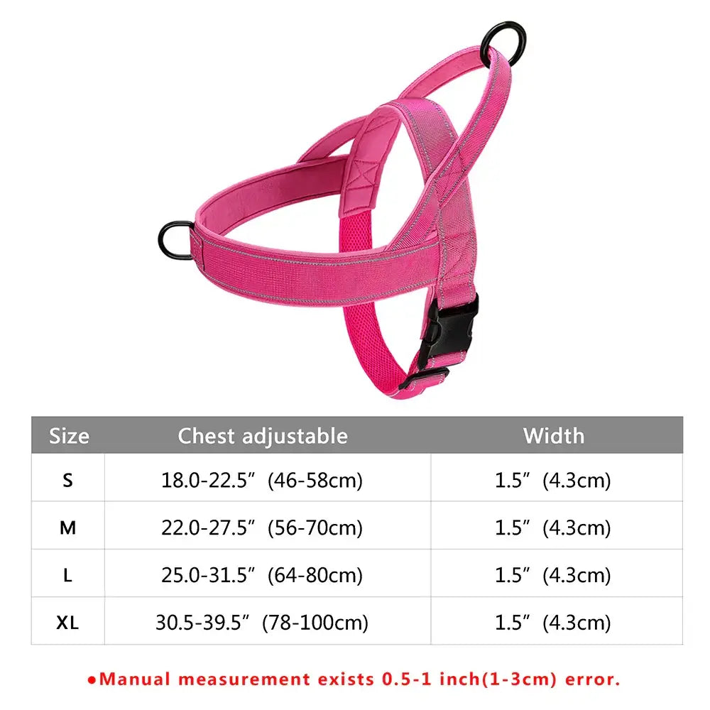 Bright pink dog harness with adjustable straps and a sizing chart below.