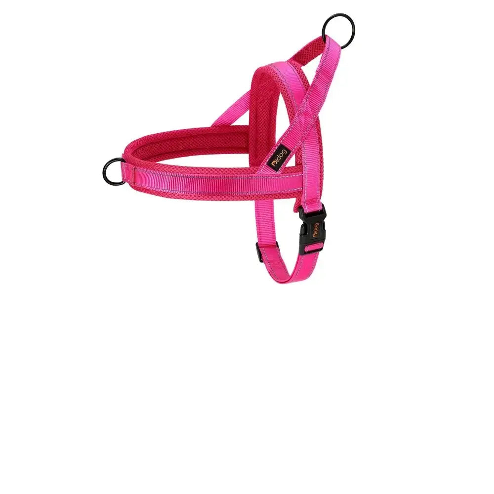 Bright pink dog harness with adjustable straps and metal rings.