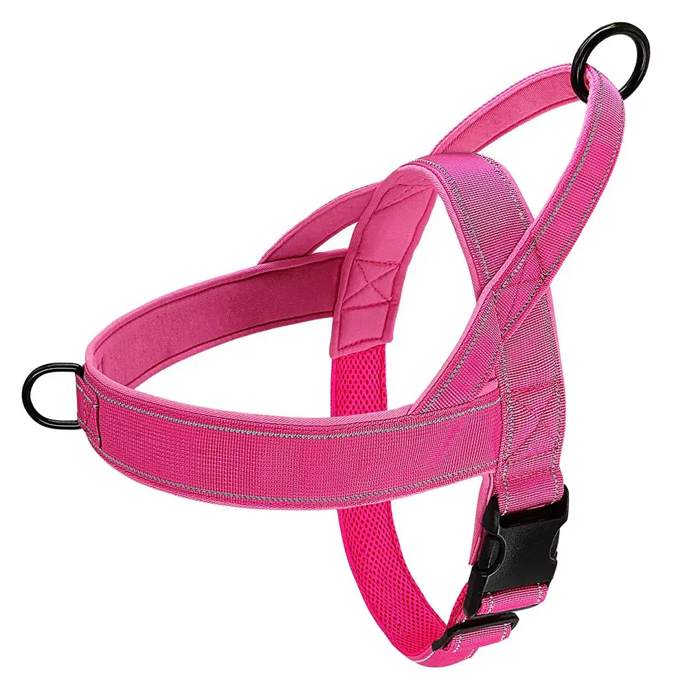 Bright pink dog harness with adjustable straps and a buckle.