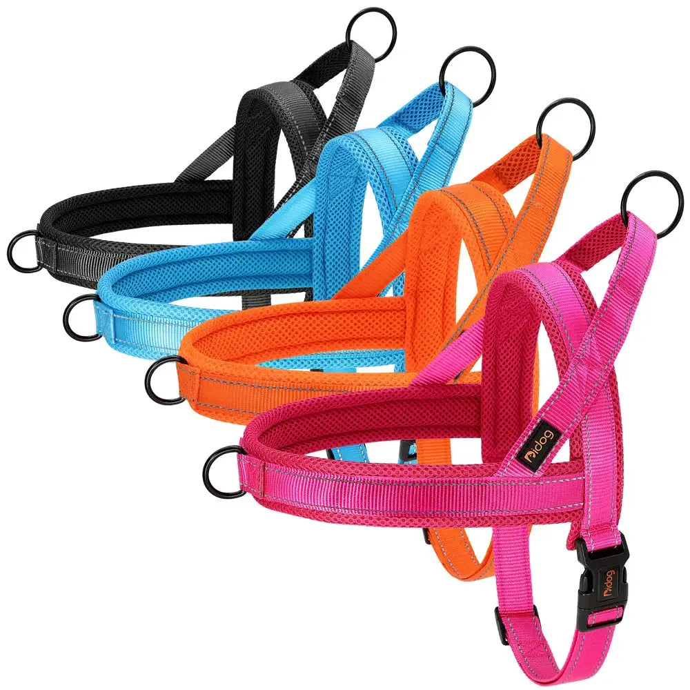 Colorful no-pull dog harnesses in black, blue, orange, and pink.