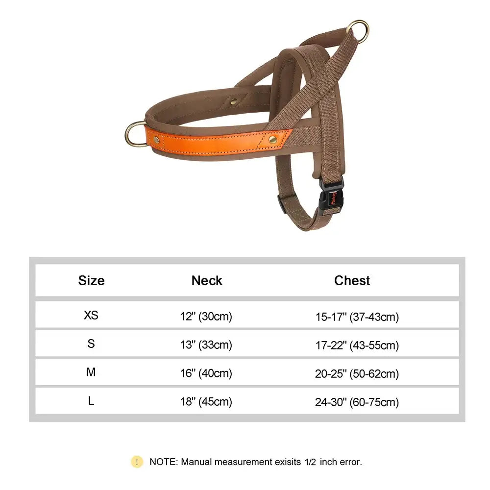 Dog harness with an orange reflective strip and adjustable straps.