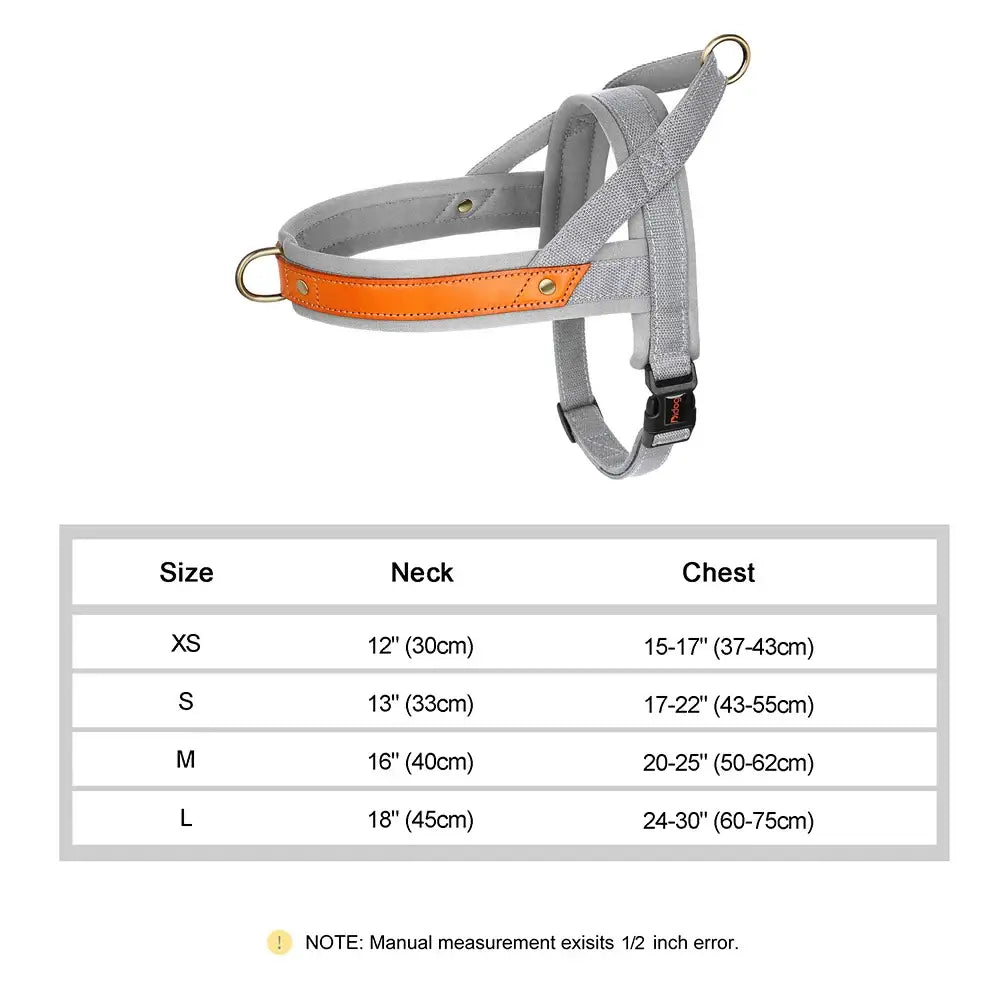 Dog harness with an orange reflective strip and adjustable straps.