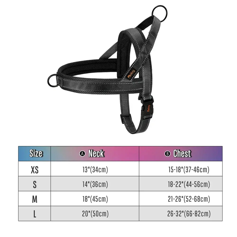 Dog harness with adjustable straps and a size chart below it.