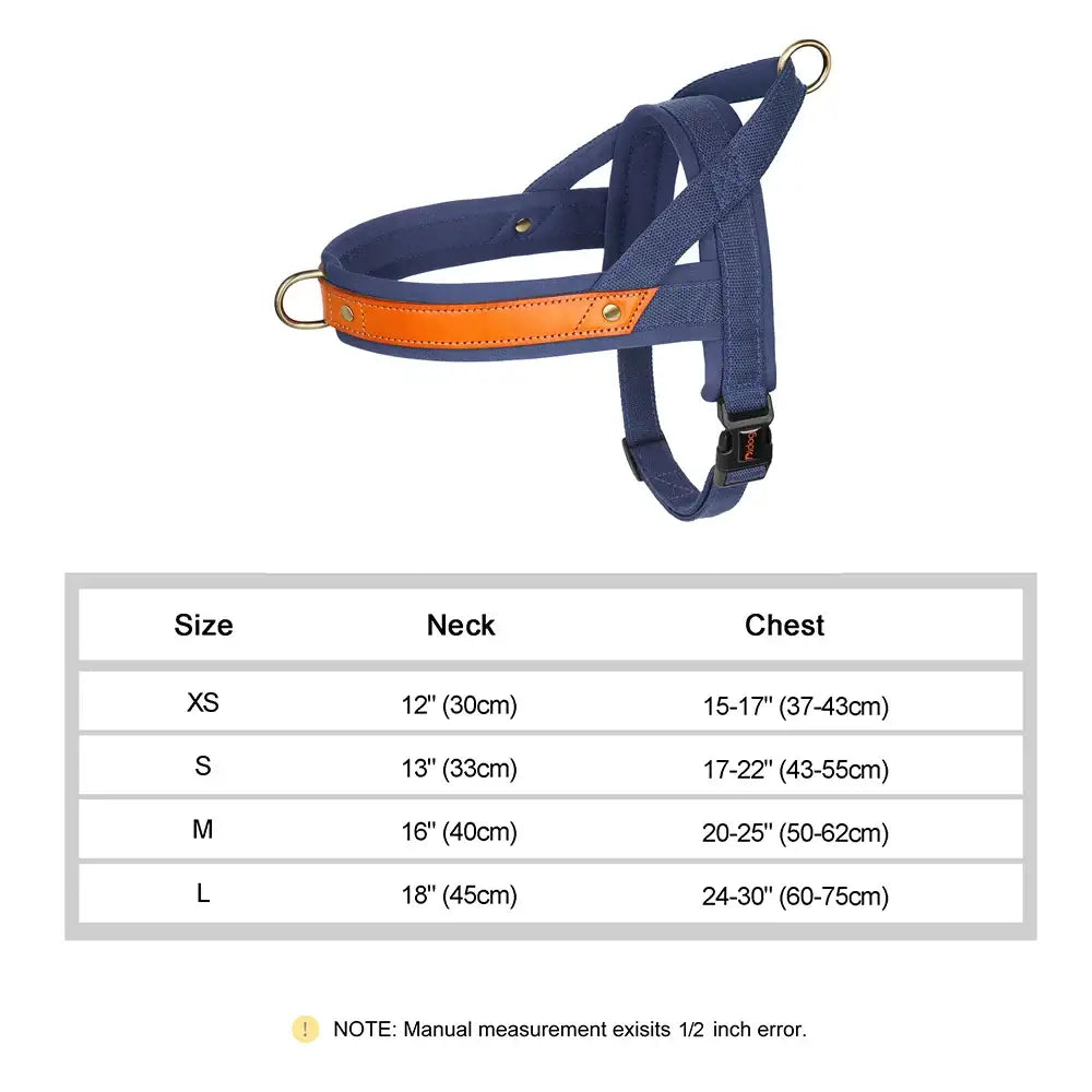 Dog harness with navy blue straps and an orange reflective strip.