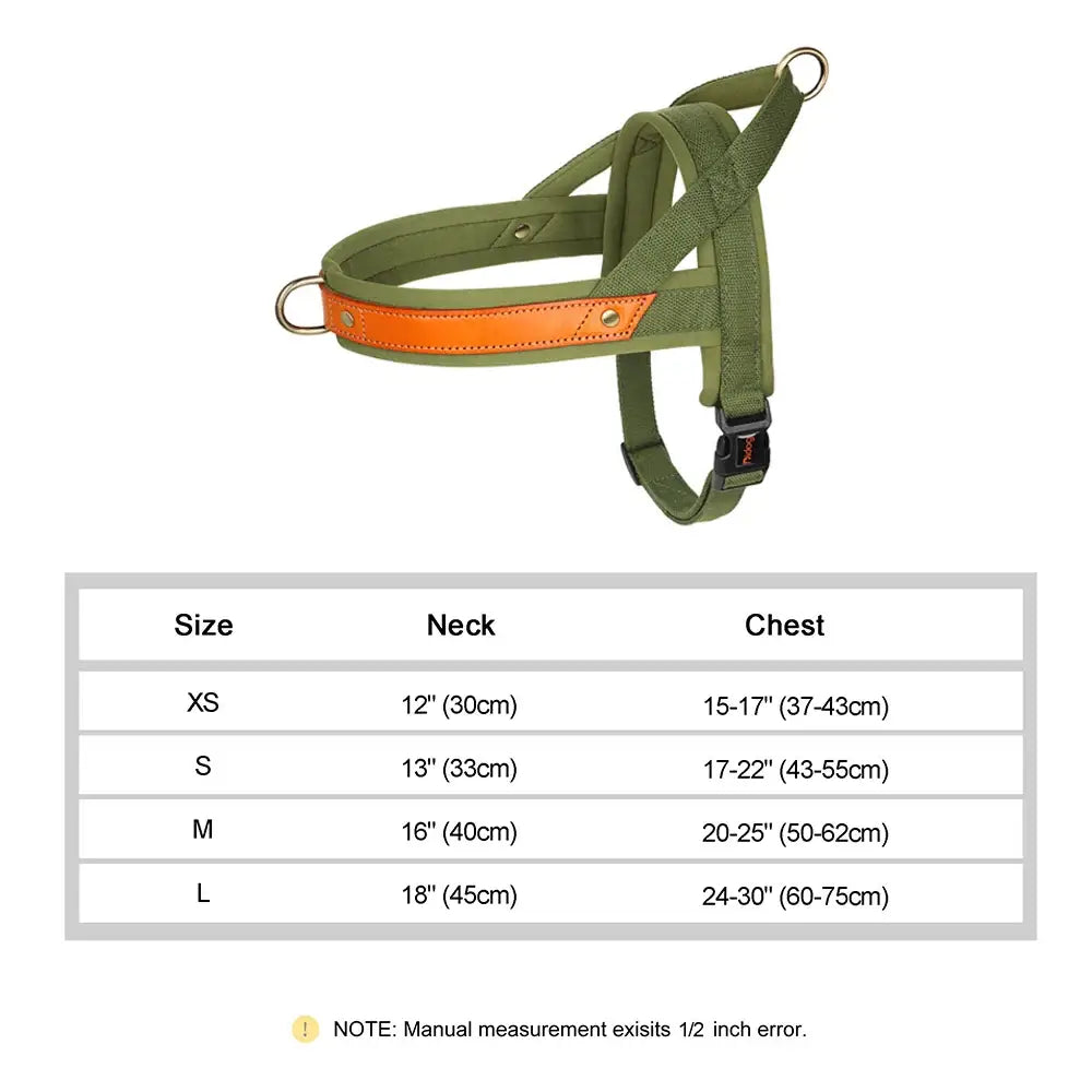 Green dog harness with an orange reflective strip.