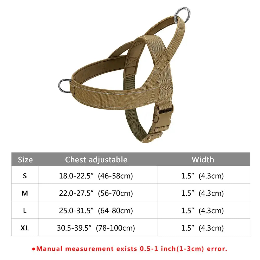 Tan-colored dog harness with adjustable straps and metal hardware.