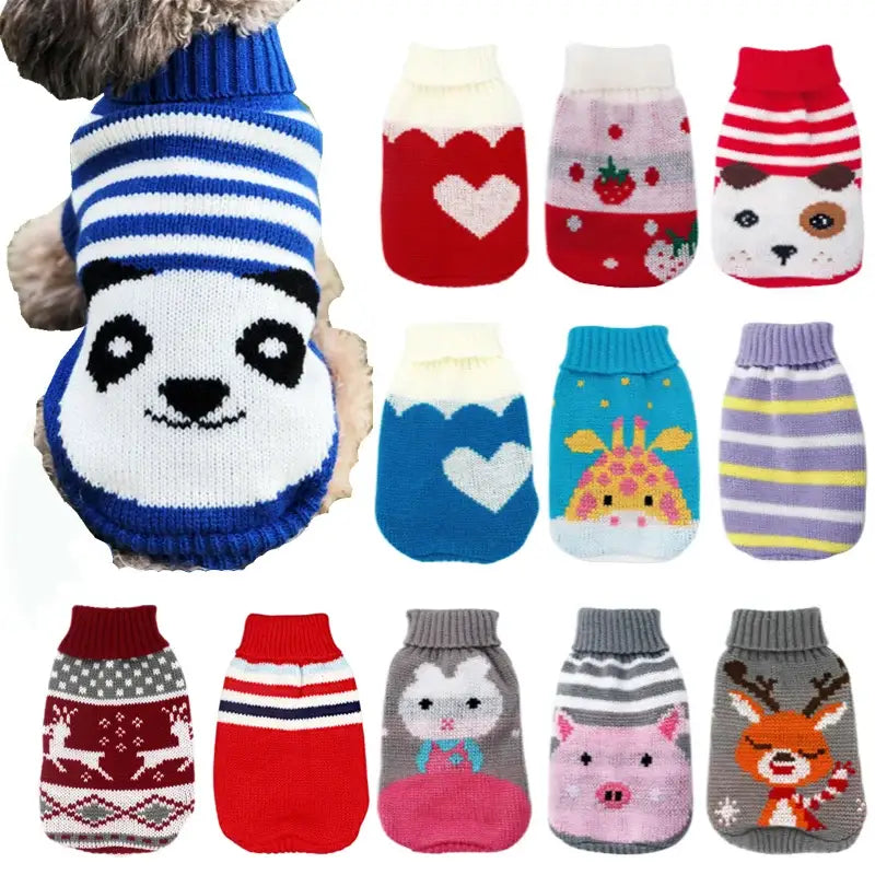 Collection of colorful knitted pet sweaters featuring various animal and pattern designs.