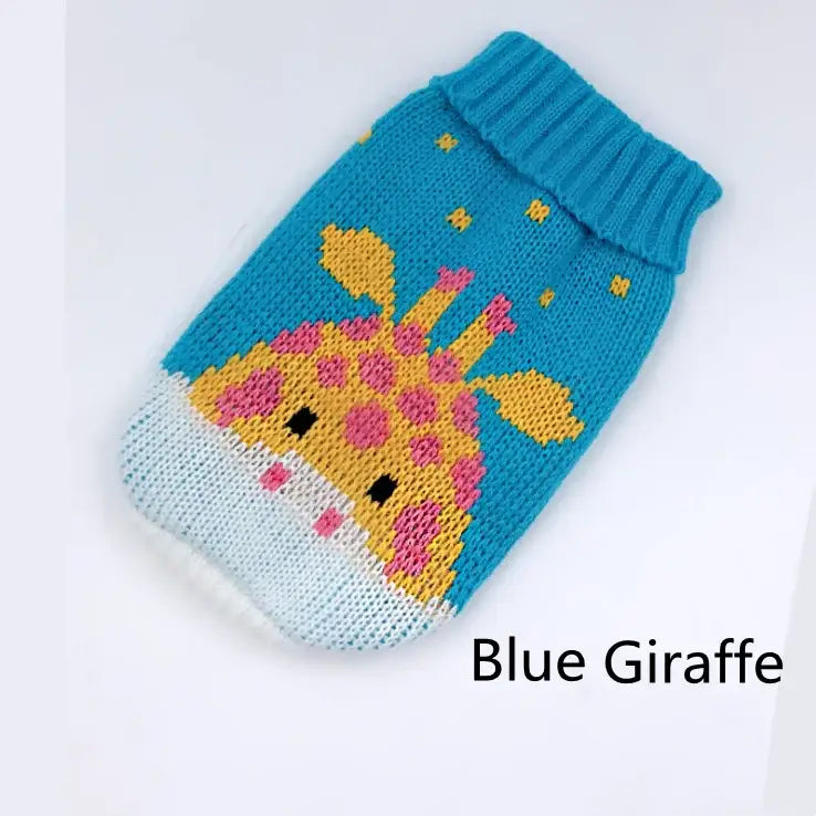 Knitted blue sweater with a giraffe design for a small pet.