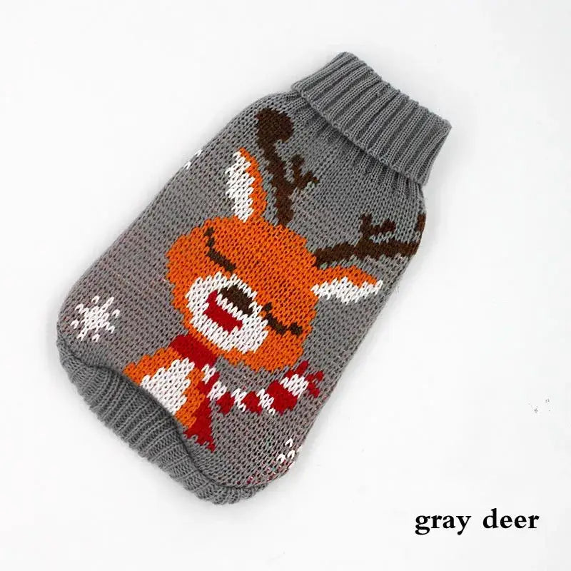 Knitted gray sweater with a cartoon reindeer design.