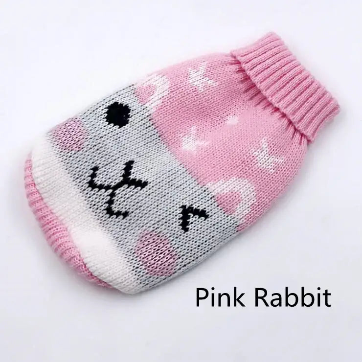 Knitted pink and gray rabbit-themed dog sweater with white stars.