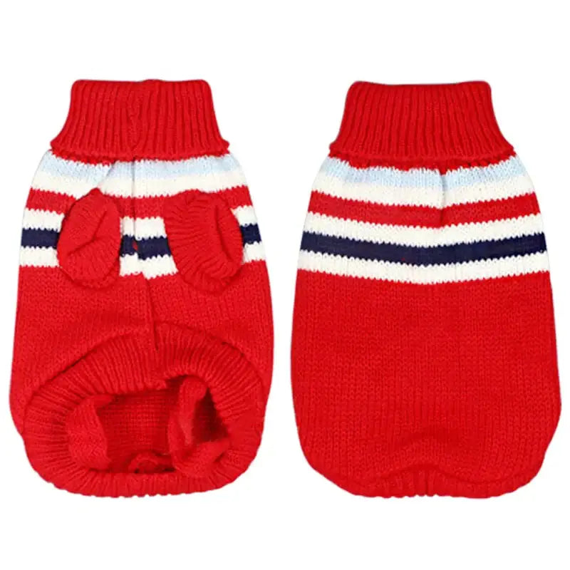 Red knitted dog sweater with white and navy stripes.