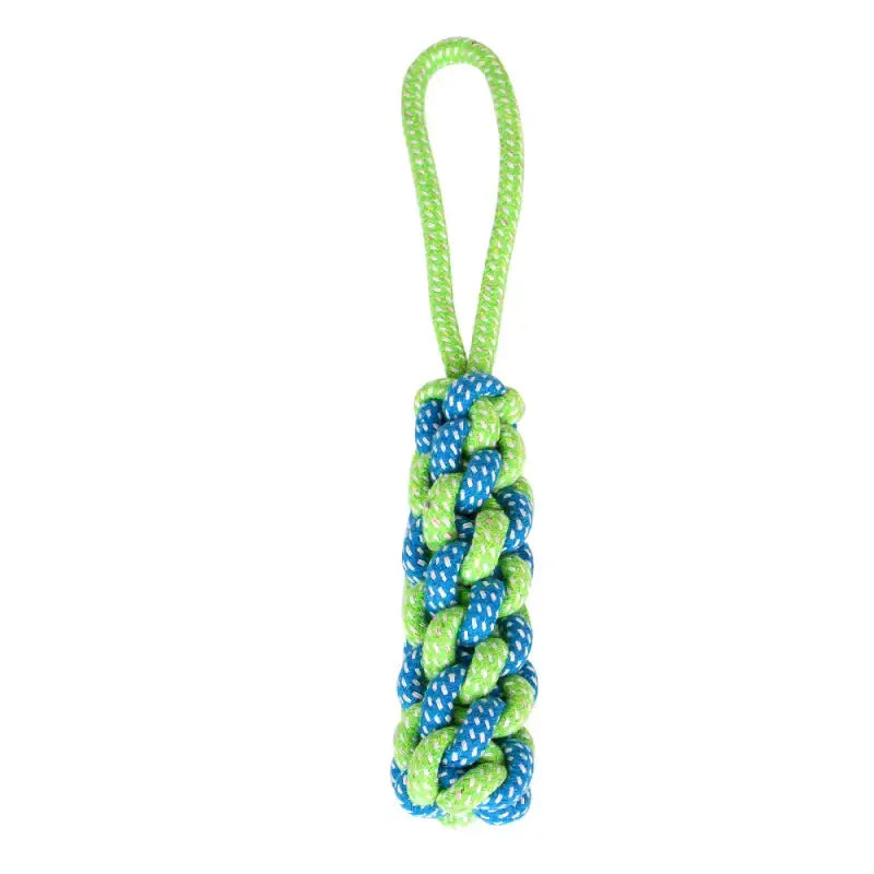 Braided rope toy in bright green and blue colors with a loop handle.