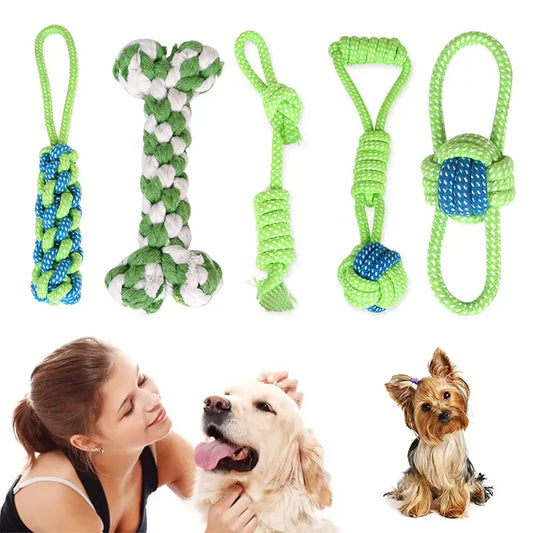 Collection of colorful rope dog toys in various shapes and designs.