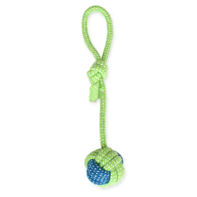 Rope dog toy with a green and blue knotted ball attached to a loop.