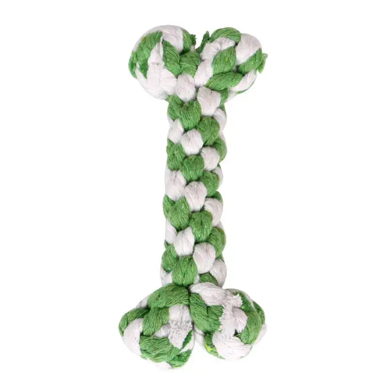 Rope dog toy shaped like a bone in green and white braided material.