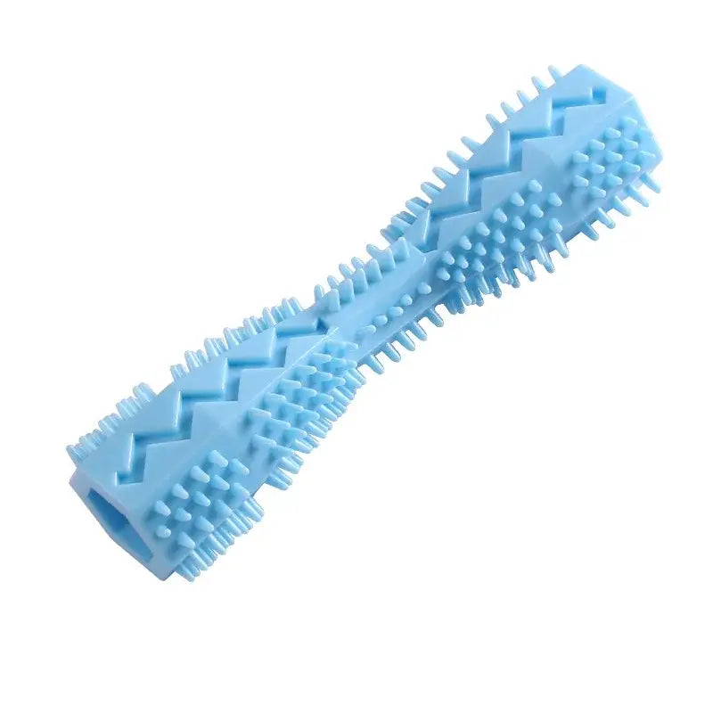 Light blue rubber chew toy with textured surfaces and a bone-like shape.