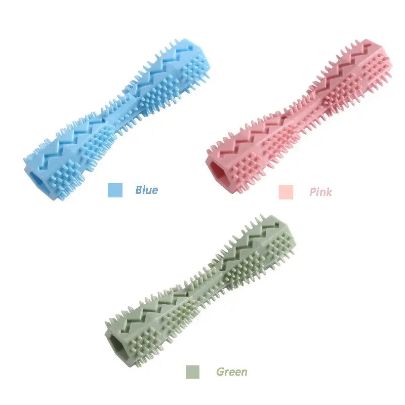 Textured rubber chew toys in blue, pink, and green colors shaped like elongated bones.