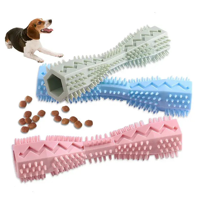 Textured rubber chew toys in bone shapes with different colors.