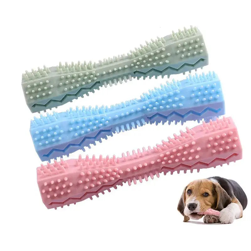 Textured rubber chew toys for dogs in green, blue, and pink colors.