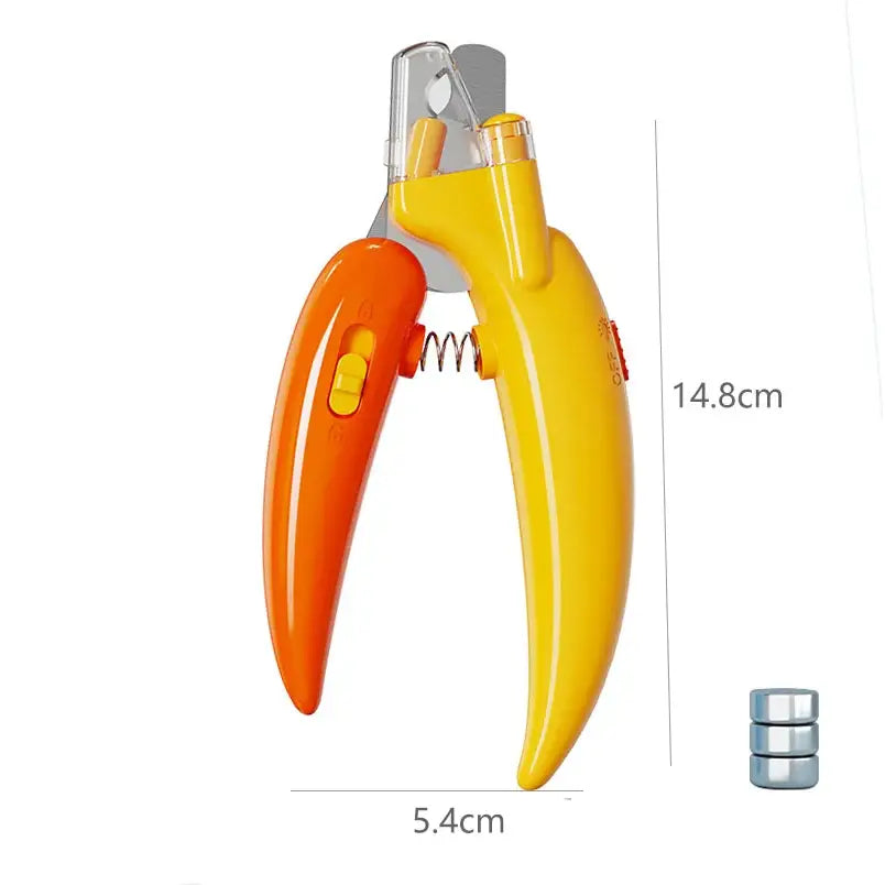 Colorful banana-shaped nail clipper with orange and yellow handles.