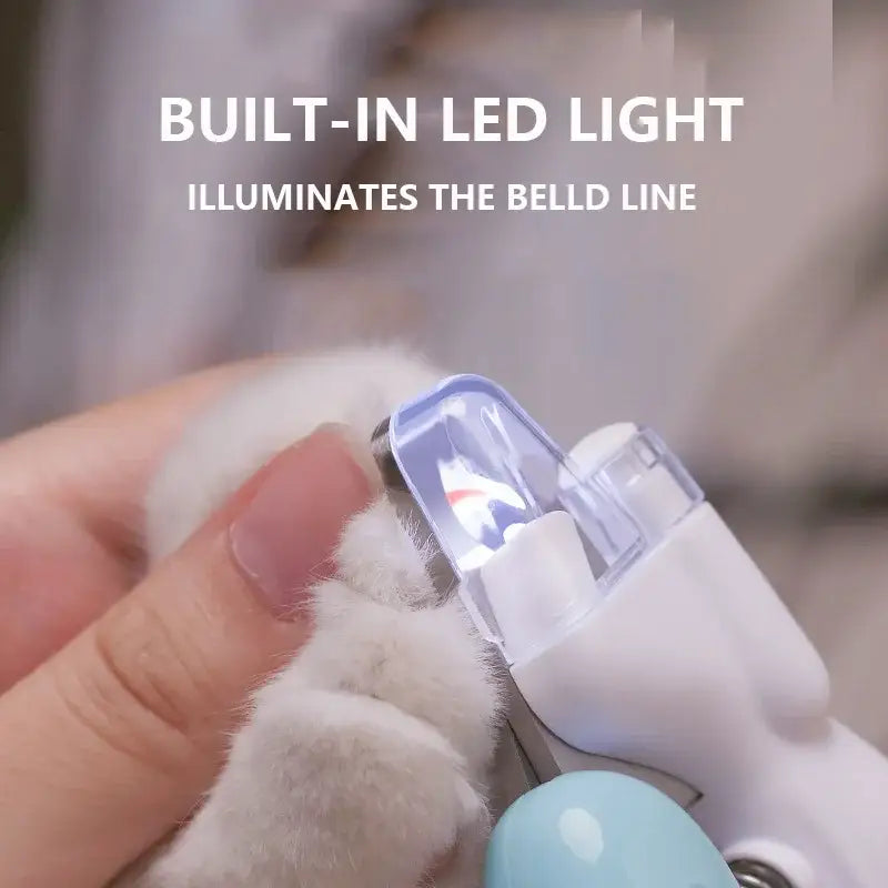 Nail clipper with a built-in LED light illuminating the cutting edge.