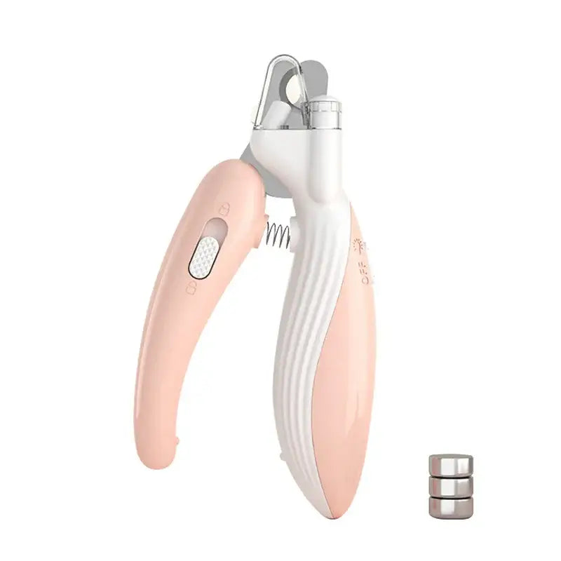 Pet nail clipper with a light pink handle and white cutting mechanism.