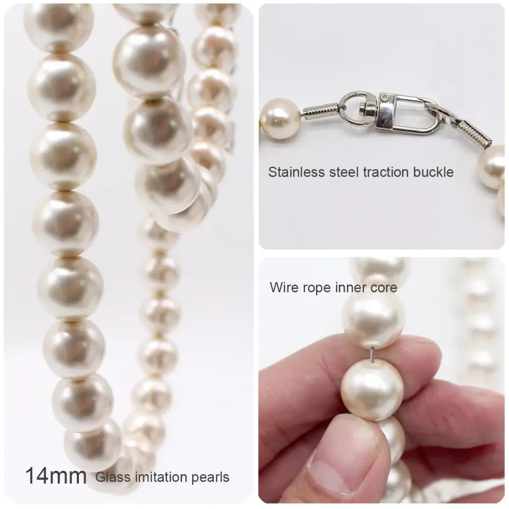 Pearl necklace with stainless steel clasp and wire rope core.