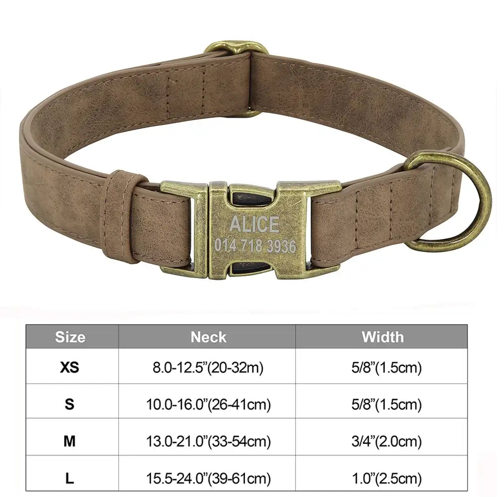 Brown leather dog collar with a metal buckle engraved with ’ALICE’.