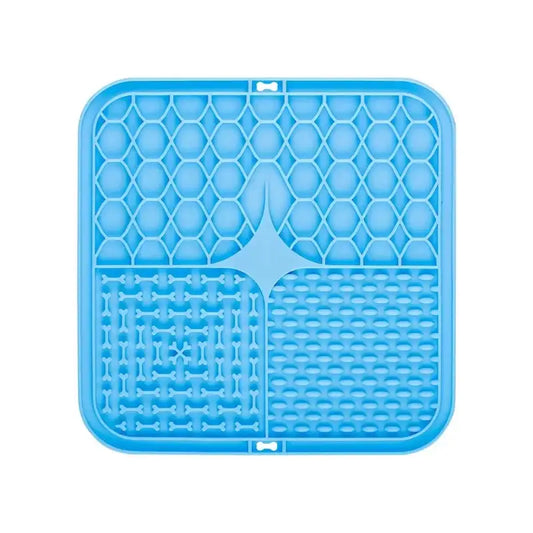 Blue plastic mat with different textured sections and a honeycomb pattern.