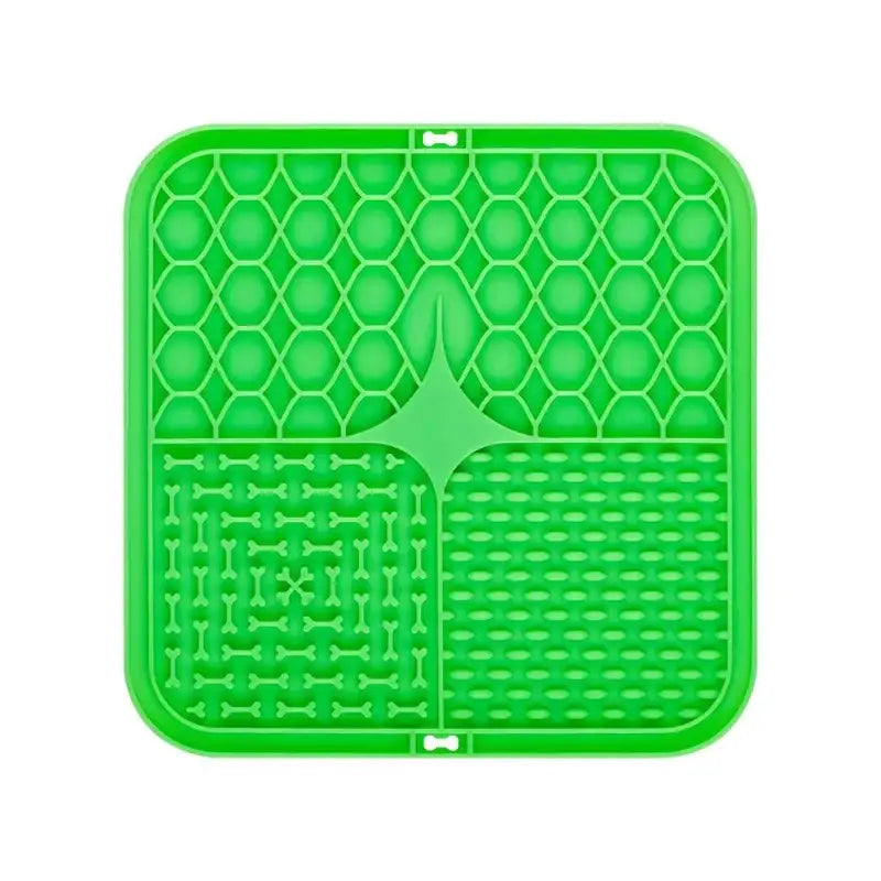 Bright green square mat with different textured sections and a honeycomb pattern.