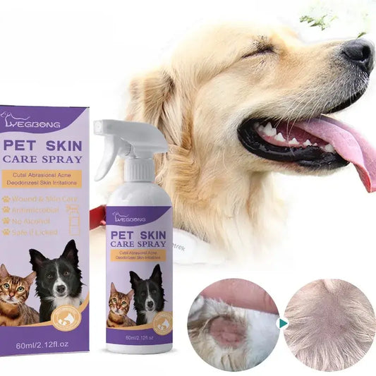 Pet skin care spray bottle with product packaging featuring images of cats and dogs.