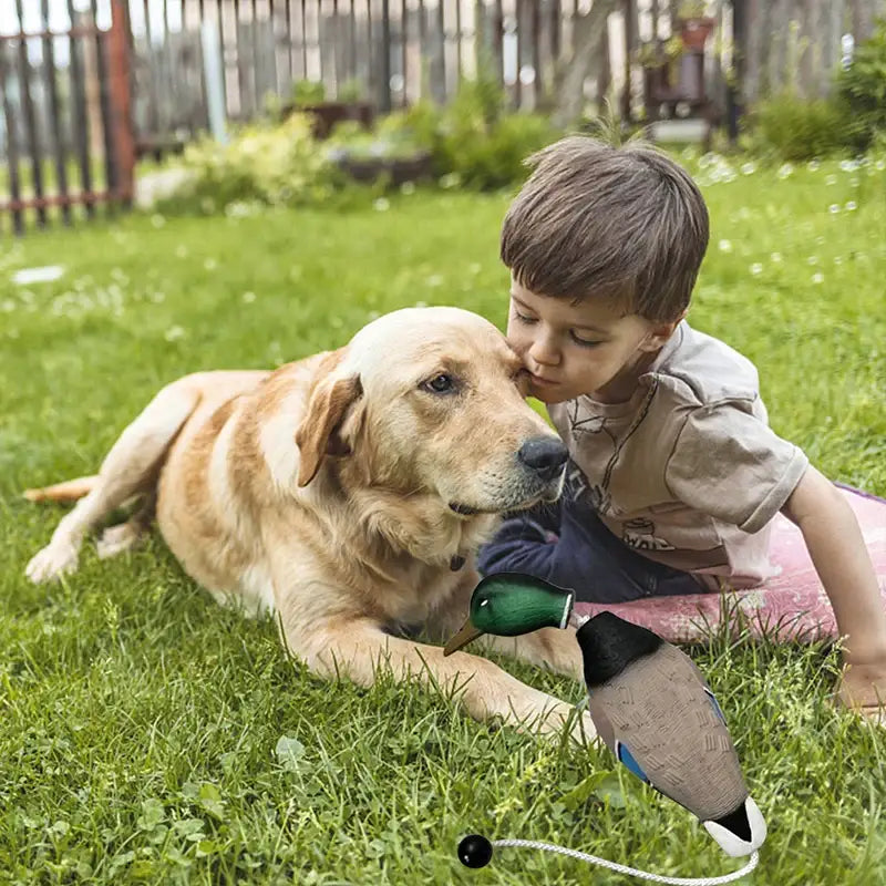 Golden Retriever dog lying on grass with a child.