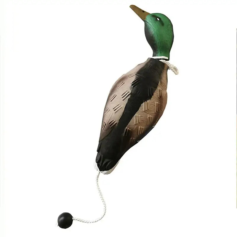 Wooden duck decoy with a green head and brown body attached to a string and weight.