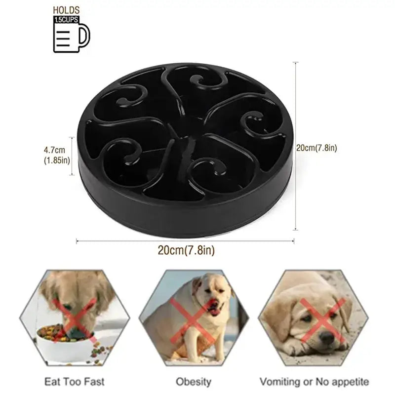 Black circular pet food bowl with swirling pattern dividers.