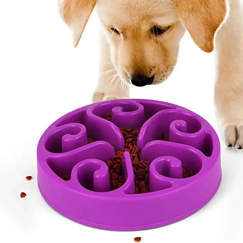 Purple spiral-shaped slow feeder bowl for pets.