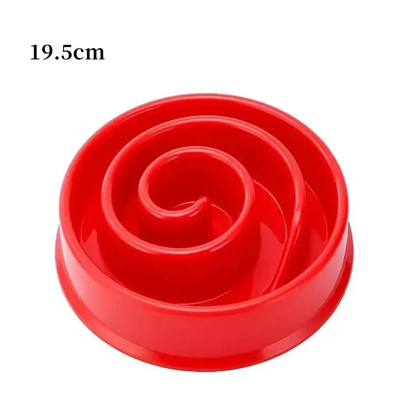 Red spiral-shaped pet food bowl with a measurement of 19.5cm indicated.